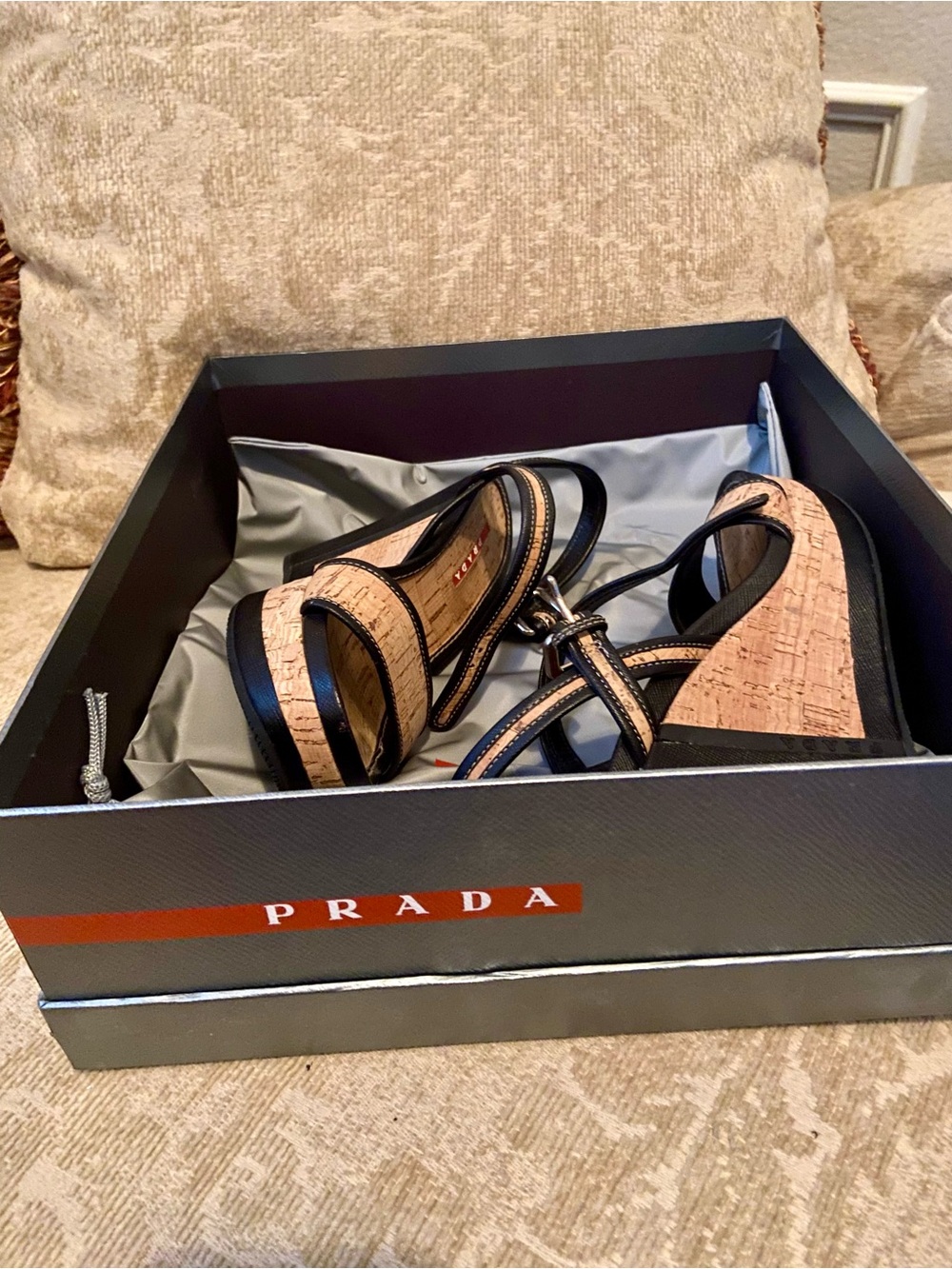 Prada Black Leather & Cork Platform Wedge Sandals